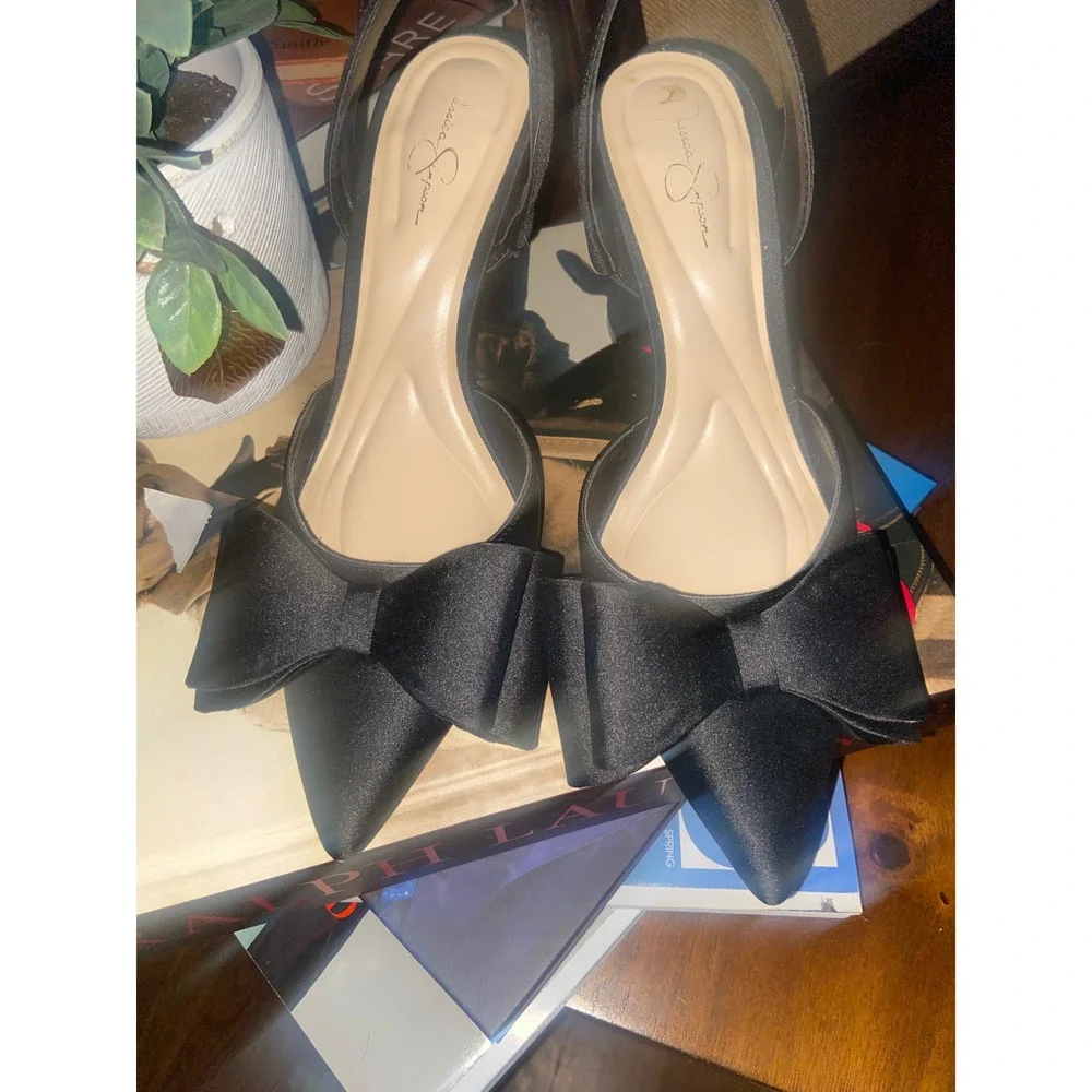 Jessica Simpson Black Satin Bow Slingback Block Heel Pumps Womens 6.5M